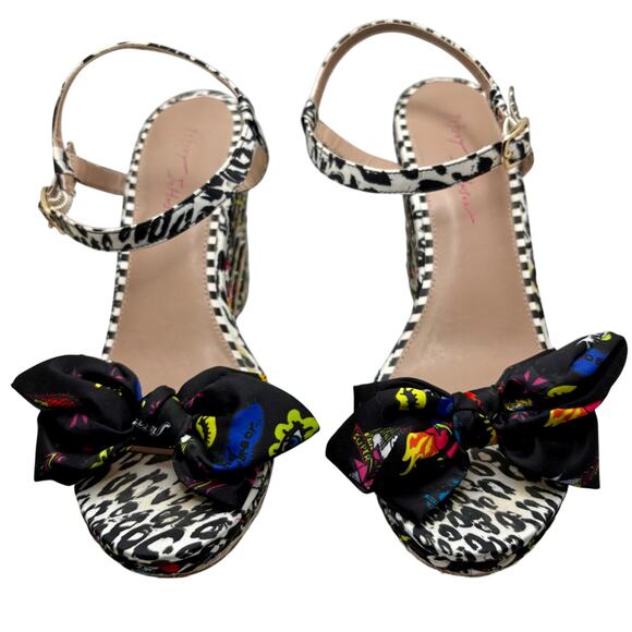 Betsey Johnson Wedge Espadrilles Rainbow Black Jute Bow & Ankle Strap - Picture 3 of 14